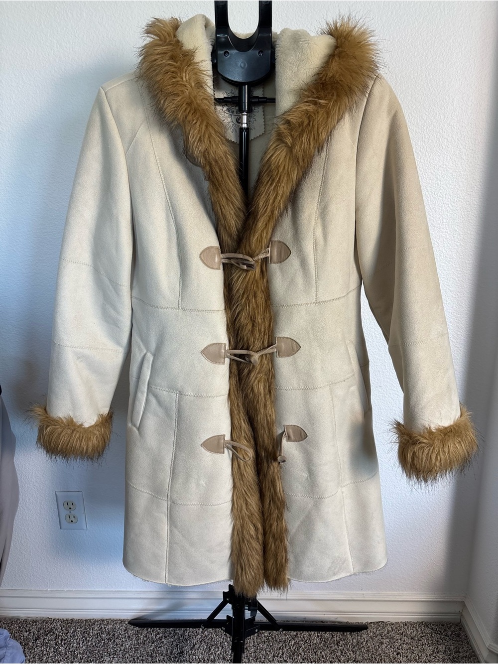 Cream Hooded Trench Coat with Brown Faux-Fur Trim